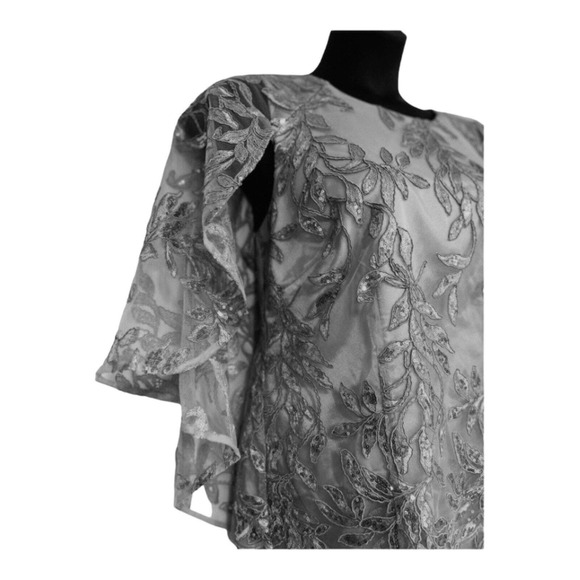 Midnight Velvet Sequin Floral Formal Gray Evening Gown Black Tie Maxi Maxi Dress - Picture 11 of 16